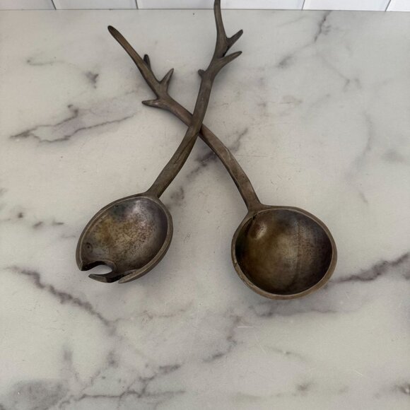 Antler-Inspired Metal Salad Servers 13.75" Made India - Picture 2 of 5